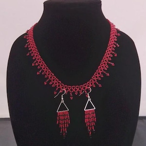 Handmade Red Beaded Necklace and Fringe Earring Set
