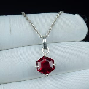 以下が含まれることがあります： 六角形の深紅のペンダントが付いたシルバーネックレス。 ファセット加工されたペンダントは光を捉え、繊細なチェーンから吊り下げられています。 ネックレスは白い表面に表示されています。