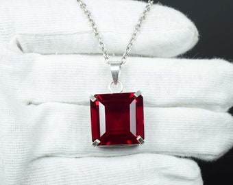Large African Red Ruby Pendant, Red Ruby Pendant, Cocktail Jewelry, Women Birthday Gift, Red Ruby Pendant, 925 Sterling Silver Square Cut