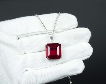 Large African Red Ruby Pendant, Red Ruby Pendant, Cocktail Jewelry, Women Birthday Gift, Red Ruby Pendant, 925 Sterling Silver Square Cut