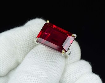 Anel de rubi vermelho em formato de esmeralda natural de 50 quilates, anel de noivado de rubi, anel de rubi Natura vintage, anel de pedra de nascimento de julho de rubi esmeralda, presente para ela