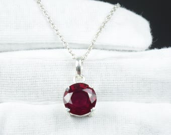 Real Ruby Necklace – Faceted Round Shape Pendant in Silver – Handmade Ruby Chakra Jewelry – July Birthstone - Anniversary or Birthday Gift.