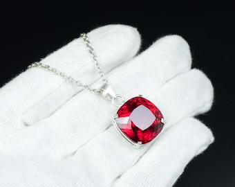 Natural Red Ruby Solitaire Pendant- Cushion Cut Red Ruby Pendant-Red Ruby Women Pendant For Her-Red Ruby Handmade Pendant For Love