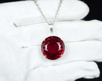 Röd rubinhänge, 53 karat, iögonfallande topashalsband, naturlig ädelsten, sterlingsilver, juli månadssten, rund slipning, present till henne