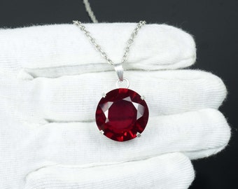 Rubinhänge, Runt skuret rubinhänge, hänge i 925 sterlingsilver, 22 mm 73 karat rubinhalsband, Naturligt rubinhänge, rött rubinhänge