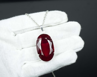 Red Ruby Pendant, Big Size Red Ruby Pendant with Silver Chain, Red Ruby Gemstone Handmade 925 Sterling Silver Jewelry Pendant For Gift