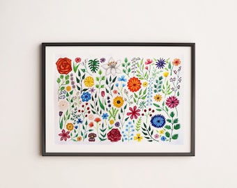 Può includere: Un dipinto ad acquerello incorniciato con una varietà di fiori colorati, tra cui fiori rossi, arancioni, gialli, blu, viola e rosa. I fiori sono disposti in uno schema casuale su uno sfondo bianco.