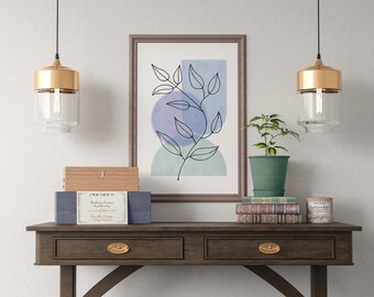 Blue Green Leaf Line Art Print, Boho Minimalist Decor (Digital Download)