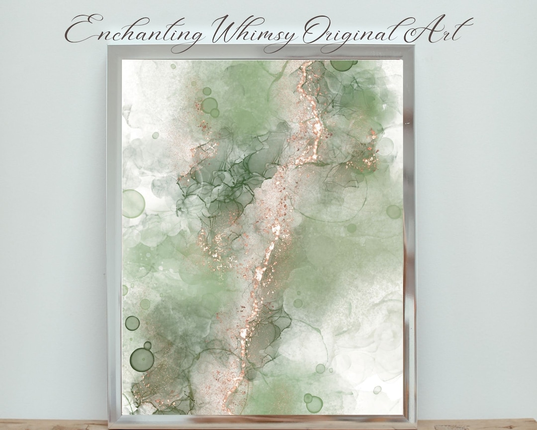 Sage Green Gold Abstract Art Print: Minimalist Alcohol Ink (instant ...