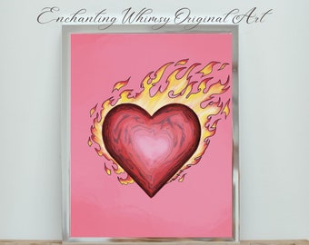 Flaming Heart Pop Art Printable Wall Art, Trendy Home Decor, Instant Download,  Minimalist Heart Print, Home Gift, Original Digital Painting