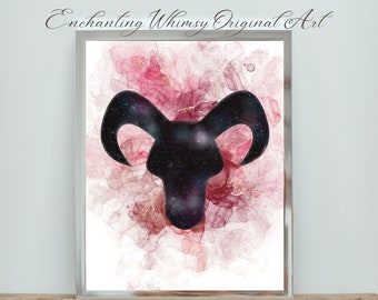 Hemelse Steenbok Zodiac Astrologie Wall Art Printable met granaat gekleurde alcoholinkt voor januari verjaardag, Steenbok cadeau