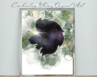 Leo Zodiac Sign afdrukbare astrologie kunst aan de muur - hemelse silhouet digitale print, Peridot groene en zwarte alcohol inkt kunst-juli verjaardag GIF,