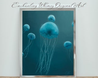 Blauwe kwallen etherische oceaan Wall Art Print, Instant Download, nautische thuiscadeau, kust Home decor afdrukbaar