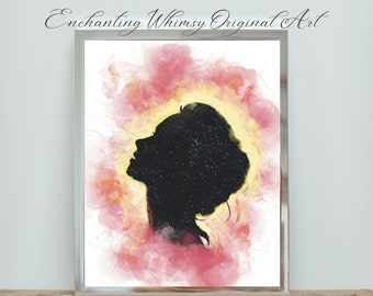 Colorful Abstract Celestial Woman's Silhouette Alcohol Ink Digital Art Feminine Print and Romantic Home Decor