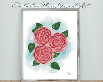 Roze rozen botanische Wall Art Print, afdrukbare schilderachtige Cottagecore Floral Home Decor, downloadbare originele kunst, INSTANT DOWNLOAD