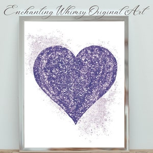 Purple heart with Silver Dust Romantic Printable Art Home Decor Original Abstract Whimsical Digital Art image 1