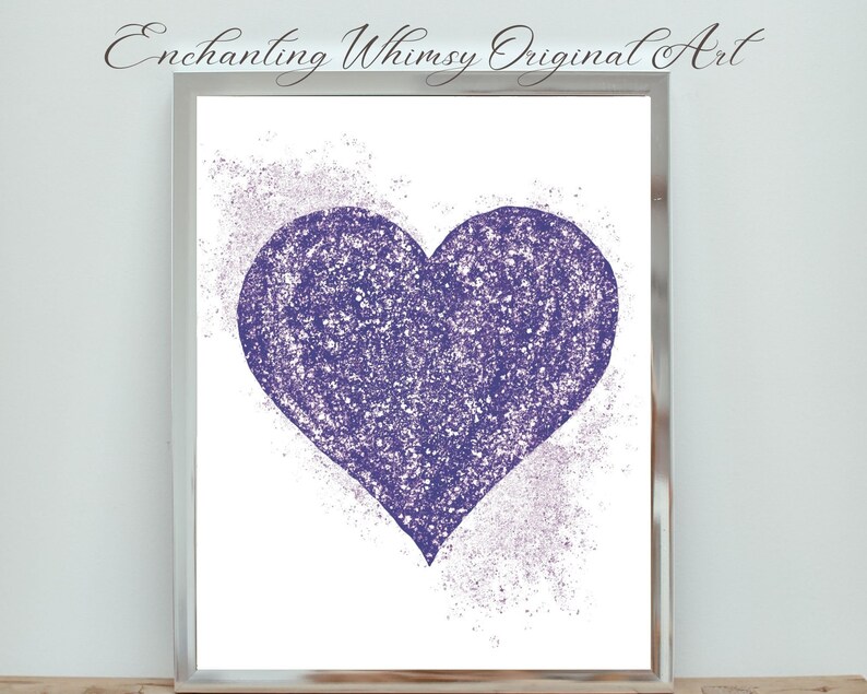 Purple heart with Silver Dust Romantic Printable Art Home Decor Original Abstract Whimsical Digital Art image 1