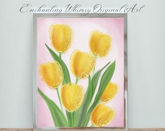 Gouden en gele tulpen Wall Art digitale print, Instant Download, grillige Cottagecore Art Print, lente decor, bloemenprint, moeder cadeau