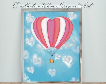 Hete luchtballon grillige muurkunst, roze hartvormige Instant Download voor Home Decor of Home Gift, surrealistische digitale kunstprint, Boho Decor