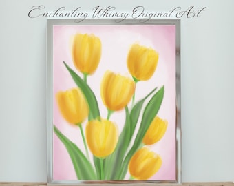 Gele tulpen Wall Art digitale print, Instant Download, vrolijke grillige Cottagecore Art Print, lente decor, bloemenprint, moeder cadeau,