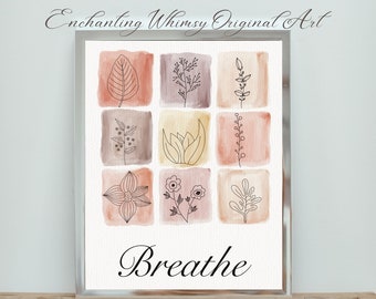 Breathe Inspirational Digital Wall Art-Botanical Watercolor Squares Print-Instant Download Home Decor-Soothing Earth Tones Cottagecore Print