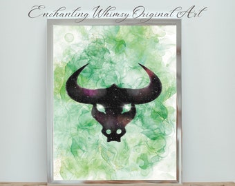 Taurus Zodiac Silhouette Print - Emerald Green Alcohol Ink Abstract - Galaxy Art - Digitale Download - Mei Verjaardagscadeau, Astrologie Afdrukbaar