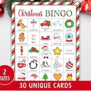 30 tarjetas de bingo navideñas, juego de bingo navideño imprimible para niños, juego de fiesta navideña, juego familiar navideño, actividad familiar navideña