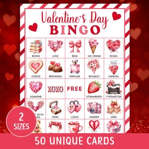 50 Valentine Bingo, Valentines Bingo, Valentines Day Bingo, Valentines Games, Valentines Party, Valentines Day Games, Valentines Game
