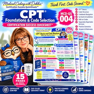 Pode incluir: Um conjunto de folhas de sucesso de certificação CPT Foundations and Code Selection da Medical Coding with Debbie. O material educativo inclui 15 páginas de guias de codificação médica, com uma mascote coruja, uma caneca e livros.