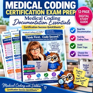 Op de afbeelding: Een 12-pagina tellende digitale studiegids getiteld Medical Coding Documentation Essentials. De omslag toont een persoon met een bril, een cartoonuil met een bril en de tekst Think First. Code Second. Het bevat vier vinkjes.