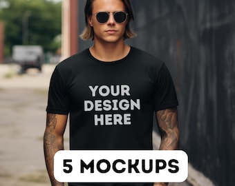 Gildan 64000 Mock up black, 5 male black tee shirt mock-ups, boho style mockup bundle, gildan 64000 black png, commercial use, 5 models