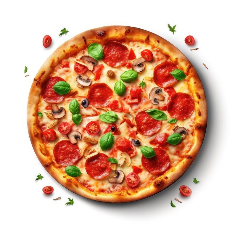 K&ouml;nnte beinhalten: Eine runde Pizza mit d&uuml;nnem Boden, belegt mit Pepperoni, Pilzen, Tomaten, Basilikum und Mozzarella.