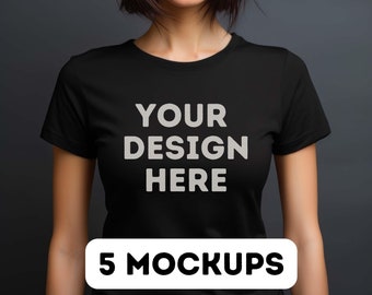 May include: A black t-shirt with the text "YOUR DESIGN HERE" printed on the front. The t-shirt is being worn by a person with short brown hair. The text "5 MOCKUPS" is printed on a white rectangle at the bottom of the image.