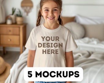 Pacote de mockup natural 3001Y Bella Canvas, mockup infantil fofo, pacote de mockup de camiseta natural infantil, mockup Bella Canvas 3001Y, 5 mock-ups png de menina