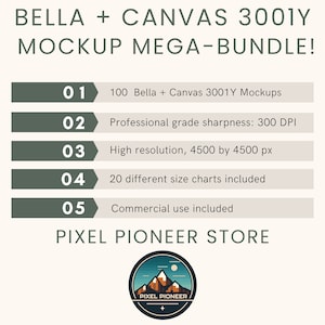 Pu&ograve; includere: Immagine promozionale per un Mega-Bundle di mockup Bella + Canvas 3001Y. Il testo evidenzia caratteristiche come 100 mockup, nitidezza di grado professionale, alta risoluzione, tabelle taglie e uso commerciale. Il logo Pixel Pioneer Store &egrave; in basso.