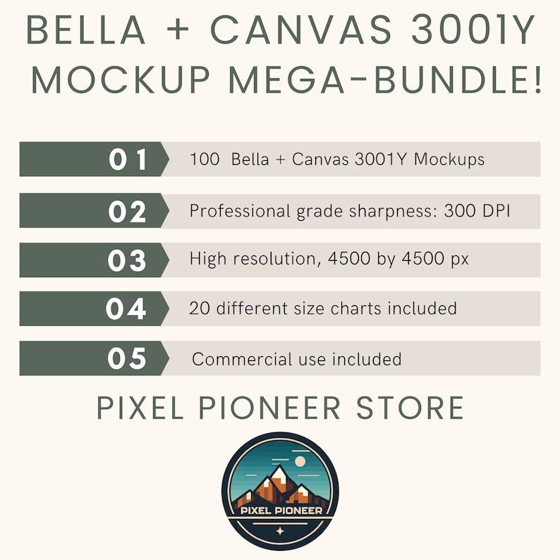 Pu&ograve; includere: Immagine promozionale per un Mega-Bundle di mockup Bella + Canvas 3001Y. Il testo evidenzia caratteristiche come 100 mockup, nitidezza di grado professionale, alta risoluzione, tabelle taglie e uso commerciale. Il logo Pixel Pioneer Store &egrave; in basso.