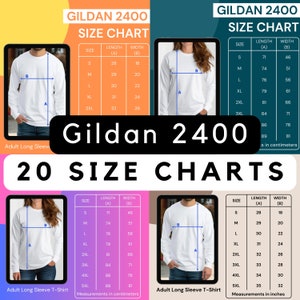 Gildan 2400 Size Chart, G2400 Size Chart, Gildan 2400 sizing, Size Charts Gildan, Size Chart Mockup, Long Sleeve Size Chart 5 colors, 20 png