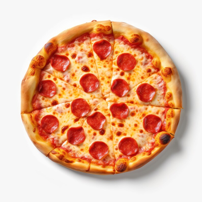 K&ouml;nnte beinhalten: Eine runde Pizza mit einer goldbraunen Kruste, belegt mit geschmolzenem K&auml;se und Pepperoni-Scheiben.