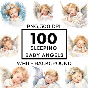 Engel baby slaapt, slapende engel, babymeisje clipart, babyjongen clipart, aquarel baby's, commercieel gebruik, POD toegestaan, 100 tekeningen