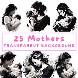 Madre che tiene in braccio il suo bambino, clipart di bambina, clipart di madre che allatta il bambino, preset bw, ritratto di neonato, bianco e nero, 25 png