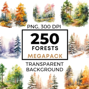 Forest clipart, watercolor forest, forest landscape png, nature clipart, forest clip art, commercial use, POD allowed, 250 drawings