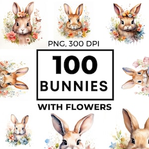 Kaninchen Clipart, Kaninchen Clipart, Blumen Clipart, Aquarell Kaninchen, Aquarell Kaninchen, digitaler Download, kommerzielle Nutzung, POD-erlaubt, Wandkunst