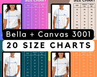 Bella Canvas 3001 Größentabelle, T-Shirt-Größentabelle, Unisex-Größentabelle, Bella Größentabelle, Mockup-Größentabelle Maße, 5 Farben, 10 pngs