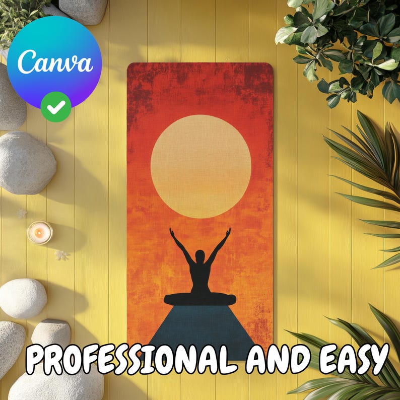 May include: A yoga mat with a sunset design featuring a large orange sun and a silhouette of a person in a yoga pose. The text "PROFESSIONAL AND EASY" is at the bottom of the mat.