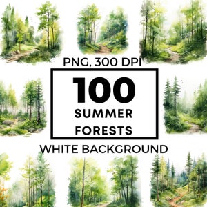 Clipart forêt d'été, art aquarelle de forêt d'été, paysage d'été, png de forêt d'été, usage commercial, POD autorisé, 100 images