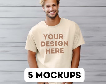 Gildan natural mock, Gildan 5000 natural mockup bundle , natural shirt mock beige, print-on-demand , your design here, digital print, 5 pngs