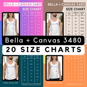 Bella Canvas 3480 Size Chart, Tank Top Size Chart, 3480 Bella Canvas, Unisex Size Chart, Tank Size Chart Mockup 3480, 5 colors, 20 pngs