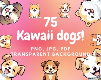 Kawaii hondenclipart | stickers honden digitaal | digitale downloadstickers | schattige hondclipart | 75 honden png-afbeeldingen | kawaiiclipart | schattige honden