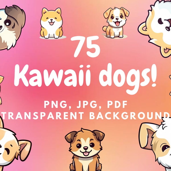 Kawaii dog clipart | stickers dogs digital | digital download stickers | cute dog clipart | 75 dogs PNG images | kawaii clipart | cute dogs
