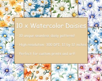Watercolor daisies, 10 seamless patterns, daisies, daisy clipart, flowers clipart, floral clipart, flowers, PNG, JPG, spring, clipart.